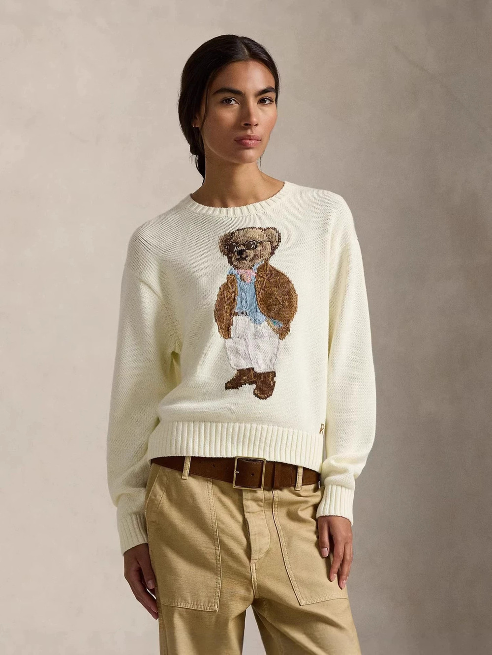 Zara Autumn Winter Vintage Cream Bear Embroidery Crew Neck Knit Sweater